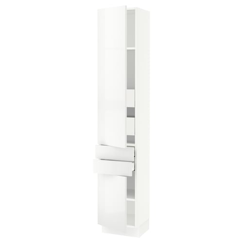 A modern, tall, white ikea SEKTION kitchen cabinet with high-gloss, white ringhult doors, featuring adjustable shelves and a sleek, clean design.