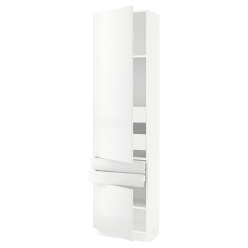 A white SEKTION kitchen cabinet with glossy doors and adjustable shelves for storage.