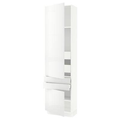 A white SEKTION kitchen cabinet with glossy doors and adjustable shelves for storage.