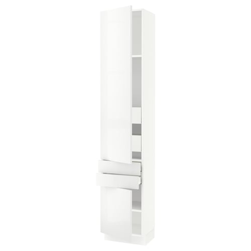 SEKTION modern white high-gloss kitchen cabinet, tall, clean-lined with adjustable shelves.