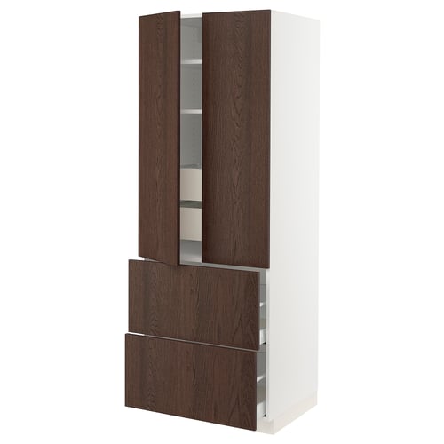 SEKTION kitchen cabinet: sleek white frame, dark brown wooden doors, two shelves, two drawers.