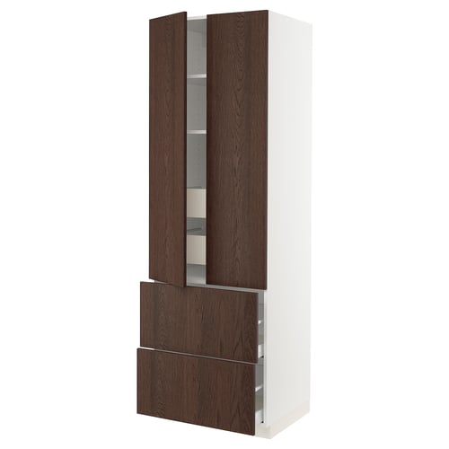 An ikea SEKTION kitchen cabinet in white with dark brown sinarp wood veneer doors and drawers, featuring adjustable shelves and soft-closing hinges.