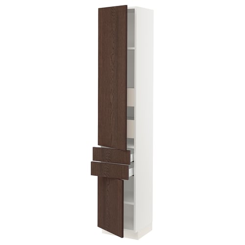 SEKTION kitchen unit, dark brown wood, white frame, tall cabinet, adjustable shelves.