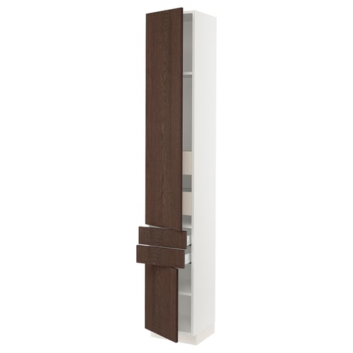 A modern, tall, white cabinet with dark brown wooden doors and drawers. The cabinet has a sleek design with adjustable shelves.