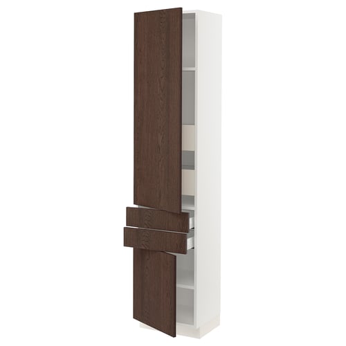 A tall SEKTION kitchen cabinet with dark brown sinarp wood doors, white frame, and adjustable shelves.