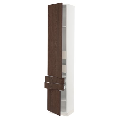 Modern tall white cabinet with dark brown wooden doors. Adjustable shelves and a sleek handle design.