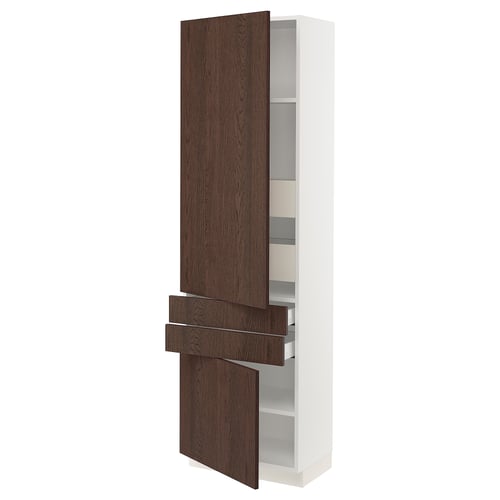 Ikea SEKTION kitchen unit, dark brown wood, white, tall, two doors, two drawers.