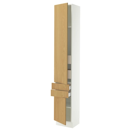 White tall cabinet with wooden doors and adjustable shelves.