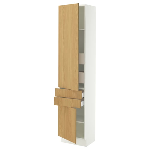 A SEKTION tall kitchen cabinet with light oak doors and shelves. The cabinet has an adjustable shelf and drawers with a smooth finish.