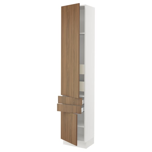 SEKTION kitchen cabinet with walnut-like tistorp doors, smooth finish, opens left/right, with shelves and drawers.