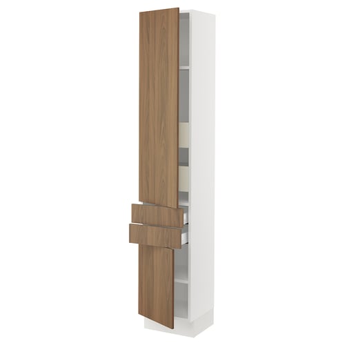 A modern white kitchen cabinet with walnut-colored wood doors, featuring adjustable shelves and a sleek, clean design.