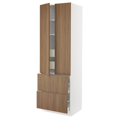 SEKTION kitchen unit in walnut finish with white frame, featuring multiple storage compartments and sleek design.