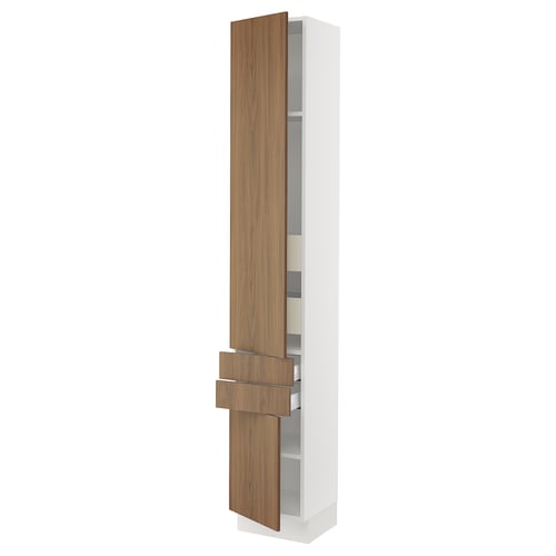 A tall white kitchen cabinet with wooden doors, featuring adjustable shelves and modern design.
