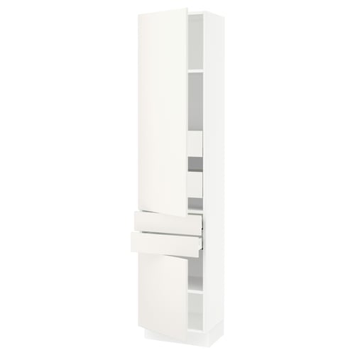 A SEKTION white kitchen cabinet from ikea in a rectangular shape with smooth, clean lines and adjustable shelves, featuring a door damper.
