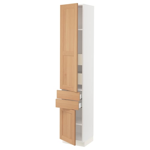SEKTION kitchen cabinet in white and oak, featuring drawers and shelves, with a modern and natural design.