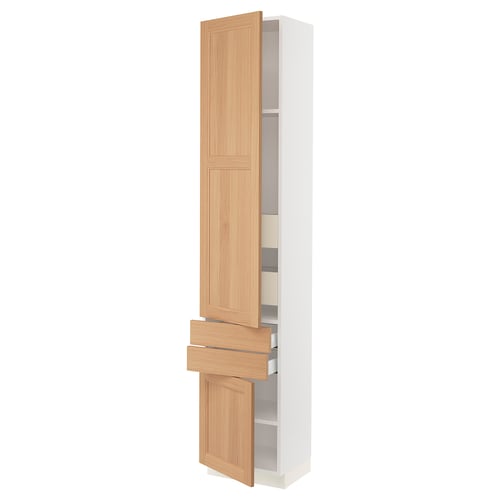 White cabinet with oak door & drawers, adjustable shelves.
