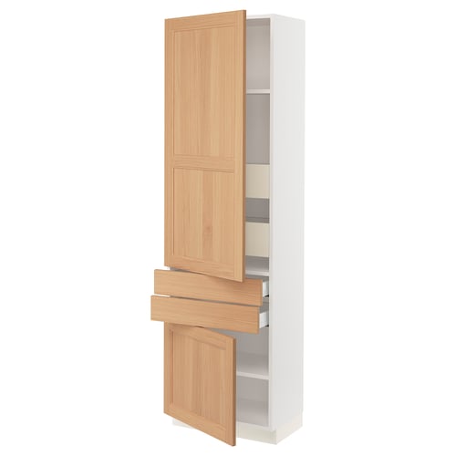 An ikea SEKTION kitchen cabinet in white with oak doors and drawers, featuring adjustable shelves and soft-closing hinges.