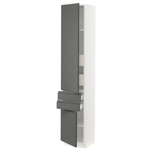 SEKTION kitchen cabinet, grey, slim, modern, with drawers and shelves.