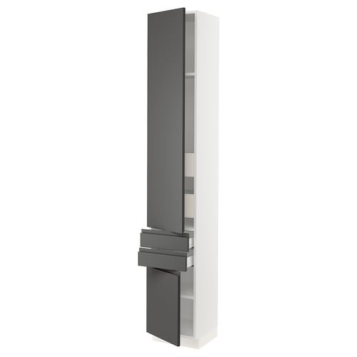 A SEKTION kitchen cabinet in white with dark grey matte drawers and doors. The cabinet is tall and rectangular with multiple shelves and drawers.