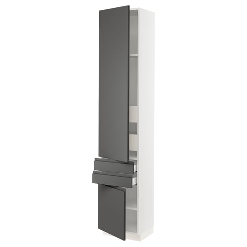 A modern white kitchen cabinet with dark grey handles. It adjustable shelves and soft-closing drawers.