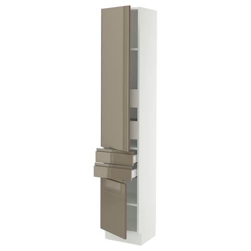 A tall white kitchen cabinet with high gloss brown doors and modern handles. It multiple shelves and adjustable drawers for storage.