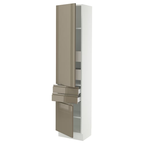 SEKTION kitchen cabinet in high gloss dark grey-brown with handles and adjustable shelves.