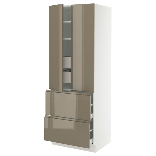 SEKTION kitchen cabinet in high gloss dark grey-brown with integrated handles, featuring adjustable shelves and dampers for silent closing.