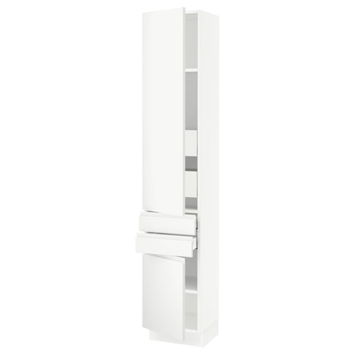 A white SEKTION tall kitchen cabinet with drawers and shelves, featuring a minimalist design with push-to-open mechanism and adjustable shelves.