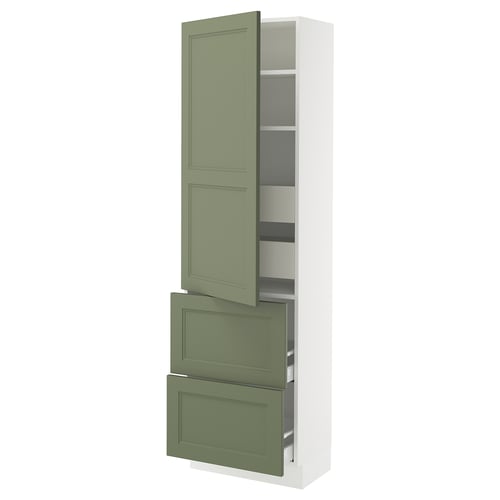 Ikea SEKTION kitchen unit with gray-green doors, tall with drawers.