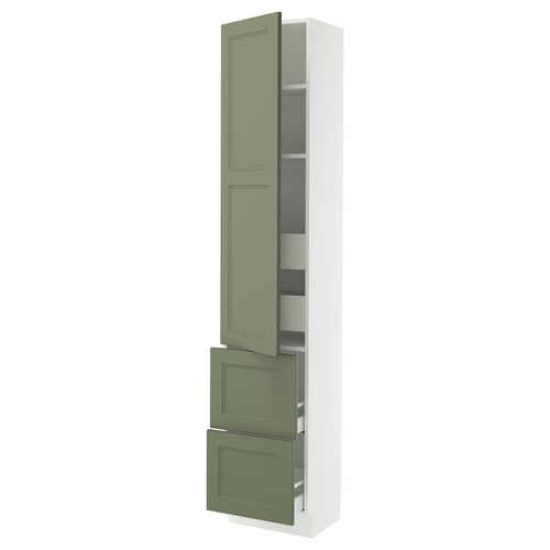 A tall, white kitchen cabinet with green drawers and doors. It a modern design with adjustable shelves and full-extension drawers.