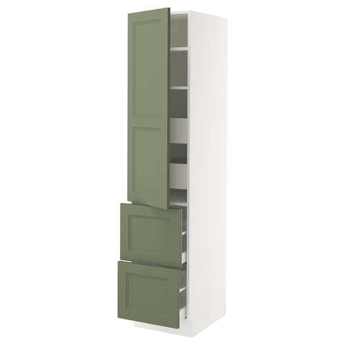 A tall, slim kitchen cabinet in white with sage green drawers and doors, featuring an open door revealing adjustable shelves.