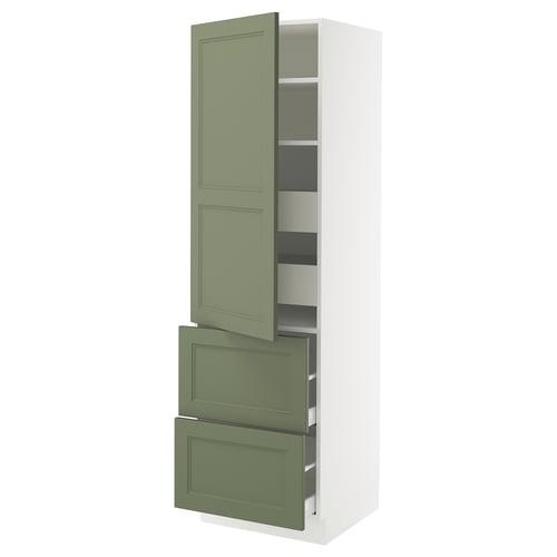 Green sekction cabinet with drawers, one door open revealing shelves.