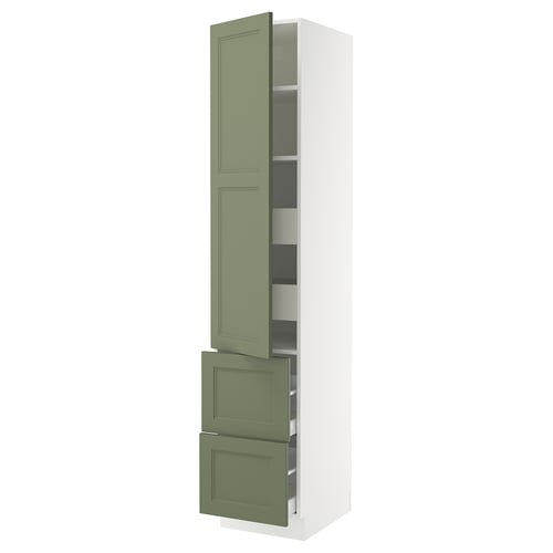 A tall grey-green cabinet from IKEAs SEKTION kitchen system with multiple shelves and drawers.