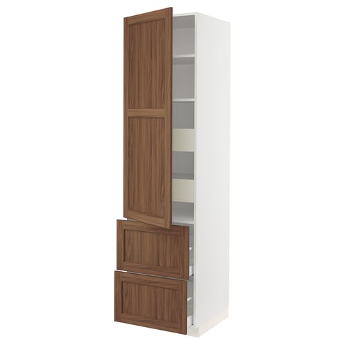 An open, tall white kitchen cabinet with wooden doors, shelves, and drawers. It adjustable shelves and drawers with a classy wooden finish.