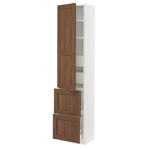 SEKTION kitchen cabinet, white & walnut, tall, wood, shelves.