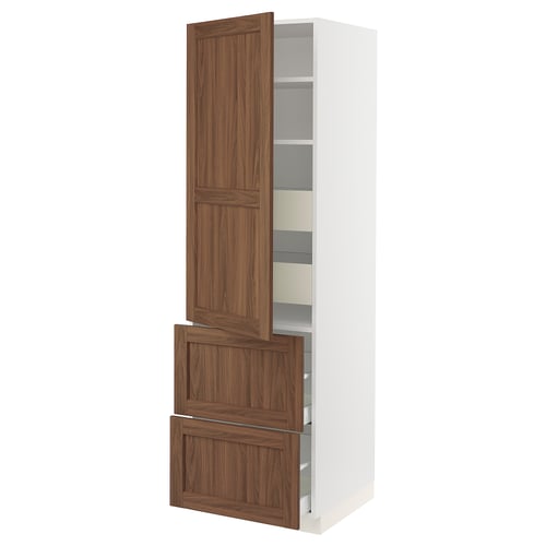Ikea SEKTION kitchen cabinet, white with walnut wood drawers and shelves.