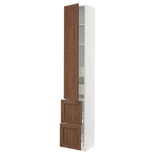 Ikea SEKTION walnut kitchen cabinet with wooden doors and shelves.