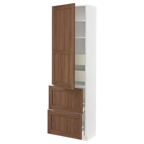 SEKTION kitchen unit, white & walnut, tall with shelves & drawers, modern classic design.