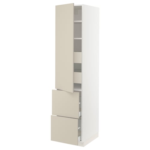 SEKTION tall white kitchen cabinet with beige drawers and shelves.