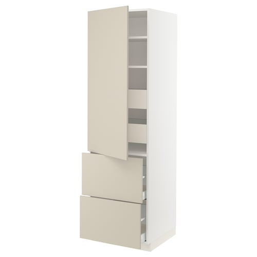 White SEKTION kitchen cabinet with beige doors, modern minimalist design, featuring drawers and adjustable shelves.