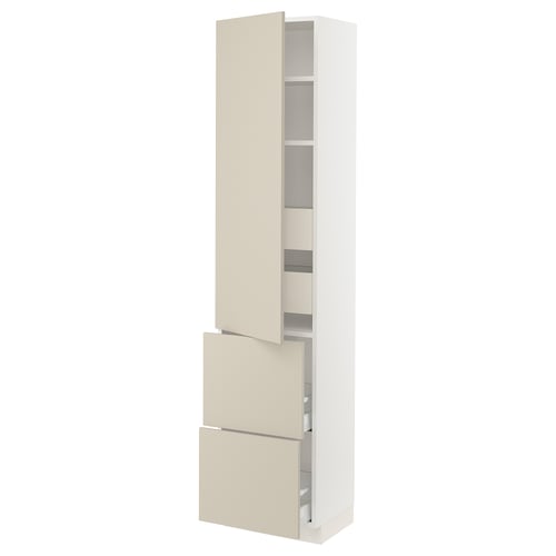 An ikea SEKTION tall kitchen cabinet with beige havstorp fronts, white frame, and adjustable shelves. The cabinet has a sleek, minimalist look.