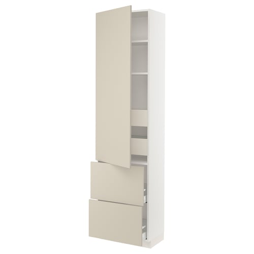 SEKTION kitchen cabinet, beige, modern design, beige finish, tall shape, with shelves and drawers.