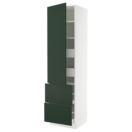 SEKTION tall white kitchen cabinet with green drawers and shelves, modern design.
