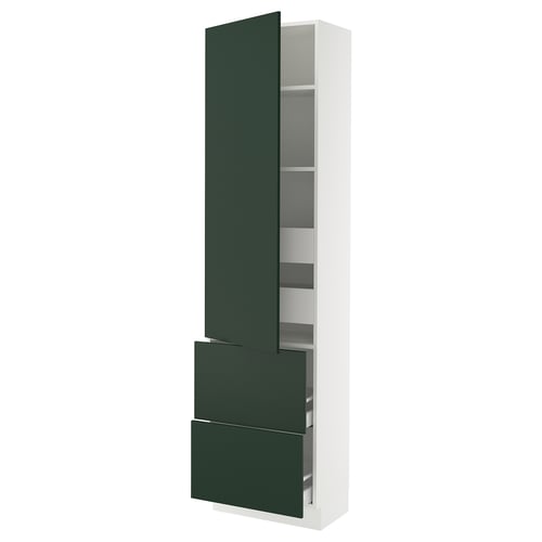 Modern tall green-white cabinet with shelves and drawers.