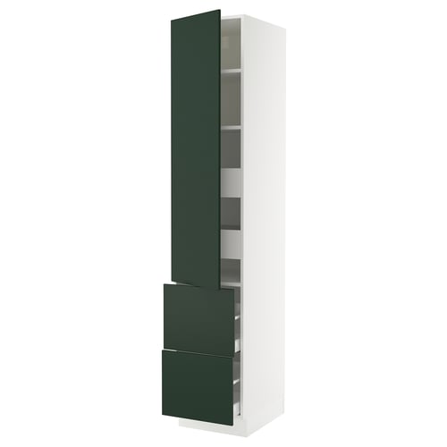 SEKTION kitchen cabinet in white and green. Tall, rectangular with shelves and drawers. Deep green handles and adjustable shelves.