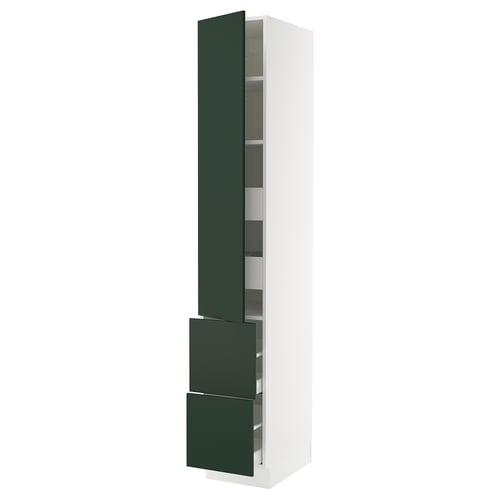 Modern kitchen cabinet in white with green doors and drawers, featuring a tall, rectangular shape and sleek design.