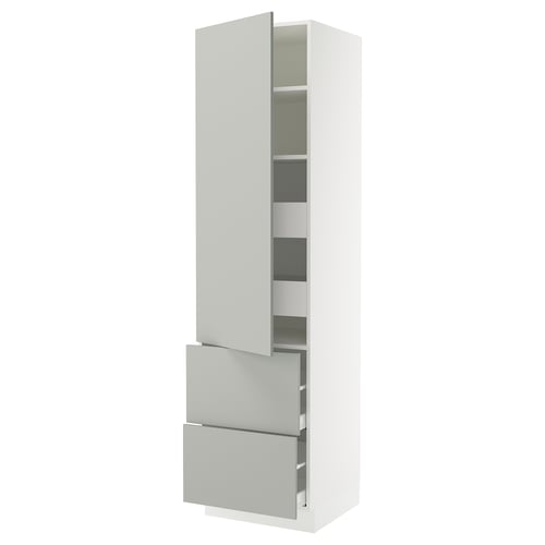 A white SEKTION cabinet with light grey drawers. It modern design, adjustable shelves, and a door damper.