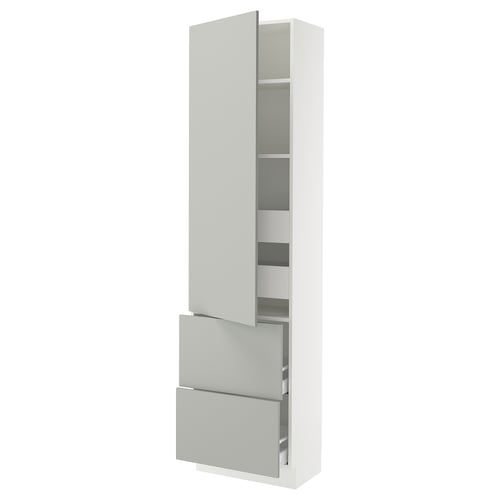 SEKTION white cabinet with grey drawers and shelves.