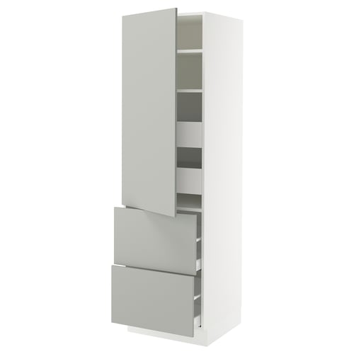 SEKTION white kitchen cabinet with grey drawers and shelves, modern design.