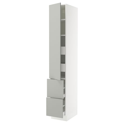 Modern white SEKTION cabinet with grey drawer, glass doors, and sleek design.